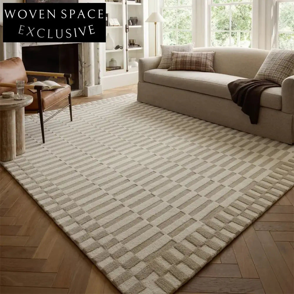 Modern Minimalist Handmade Cream Grid Area Rug for Living Room & Bedroom