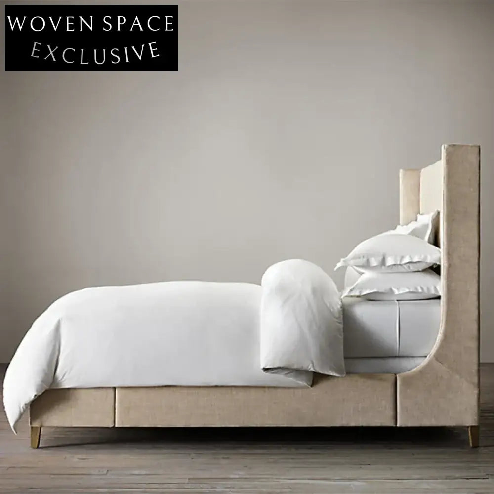 Modern Minimalist Linen Fabric High Headboard Soft Upholstered Bed Frame