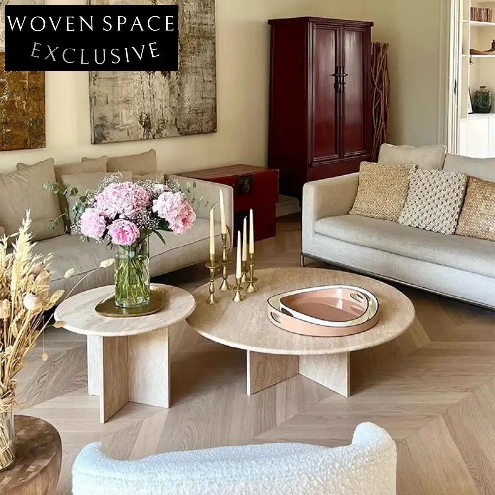 Modern Minimalist Natural Travertine Round Coffee Table for Luxury Living Room