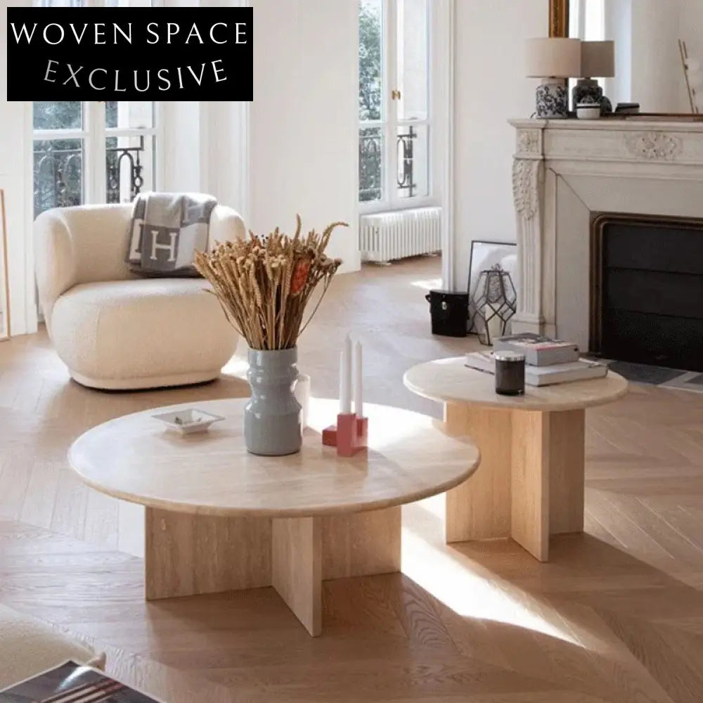 Modern Minimalist Natural Travertine Round Coffee Table for Luxury Living Room
