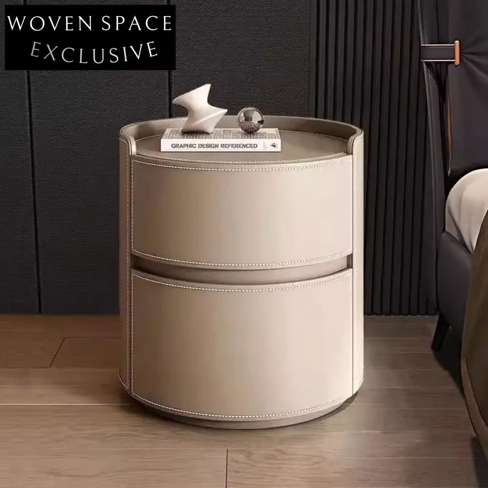 Modern Minimalist Nightstand with 2 Drawers, Solid Wood and Leather