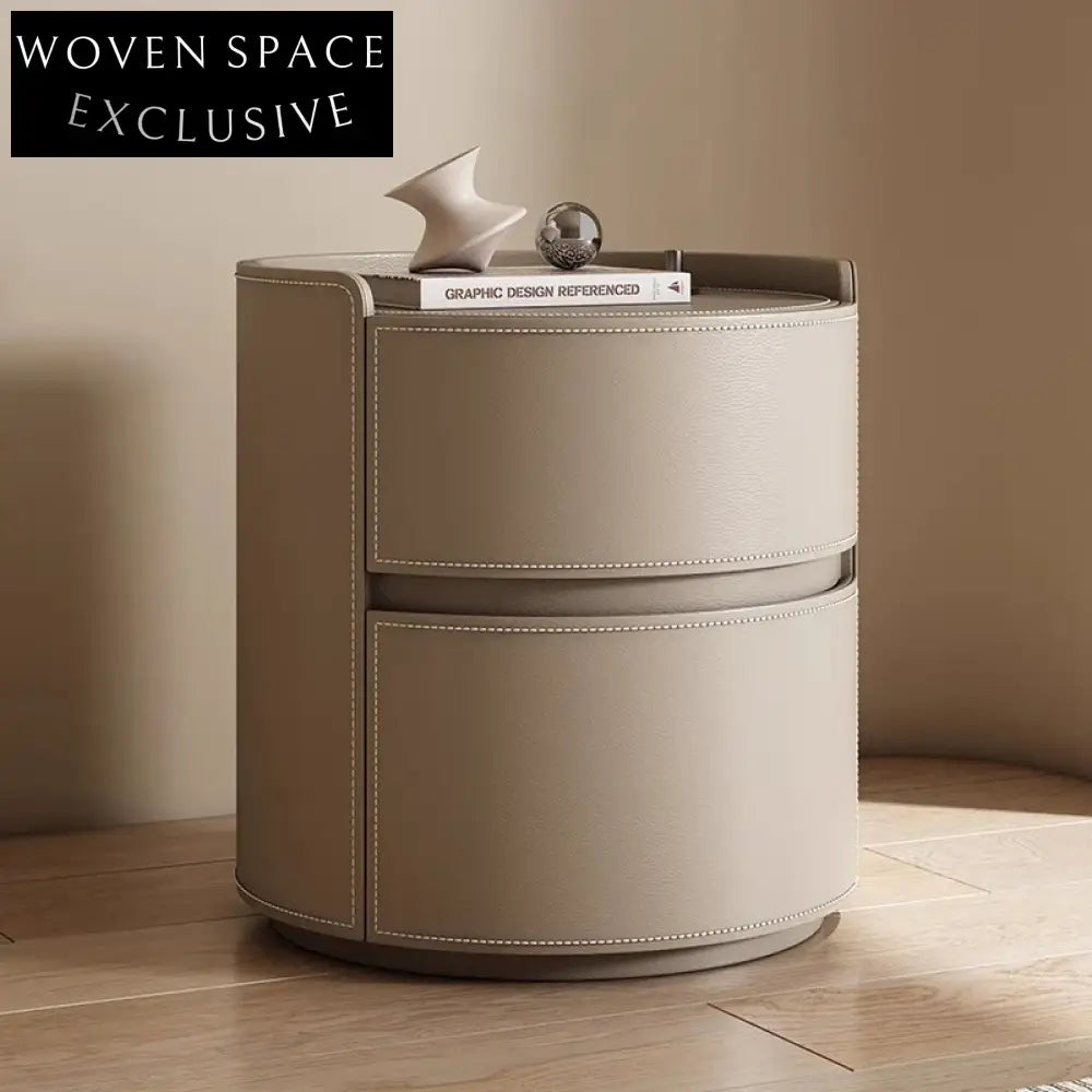 Modern Minimalist Nightstand with 2 Drawers, Solid Wood and Leather