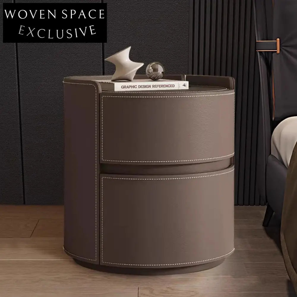Modern Minimalist Nightstand with 2 Drawers, Solid Wood and Leather