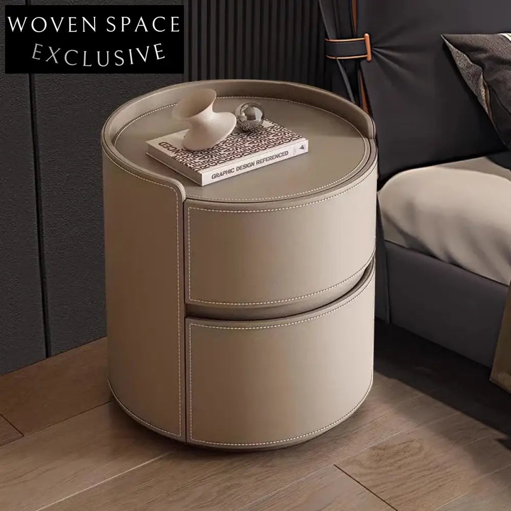 Modern Minimalist Nightstand with 2 Drawers, Solid Wood and Leather