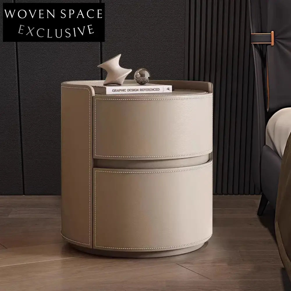 Modern Minimalist Nightstand with 2 Drawers, Solid Wood and Leather