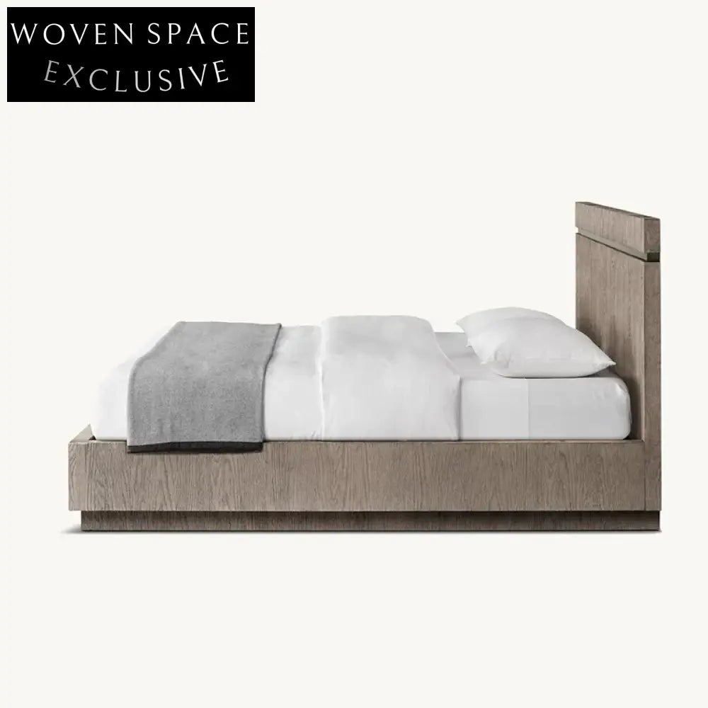 Modern Minimalist Oak Veneer Solid Wood Bed Frame with High Headboard