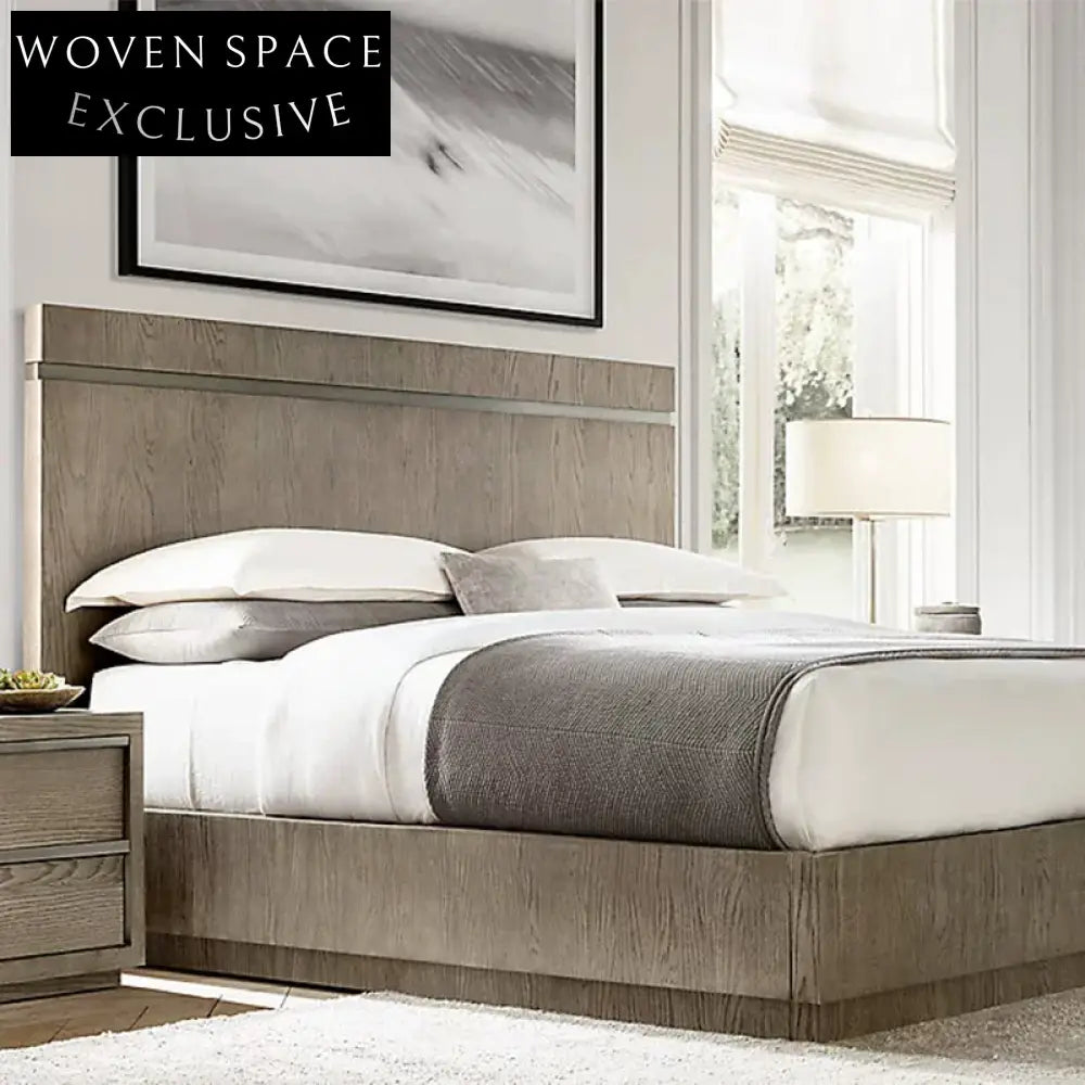 Modern Minimalist Oak Veneer Solid Wood Bed Frame with High Headboard