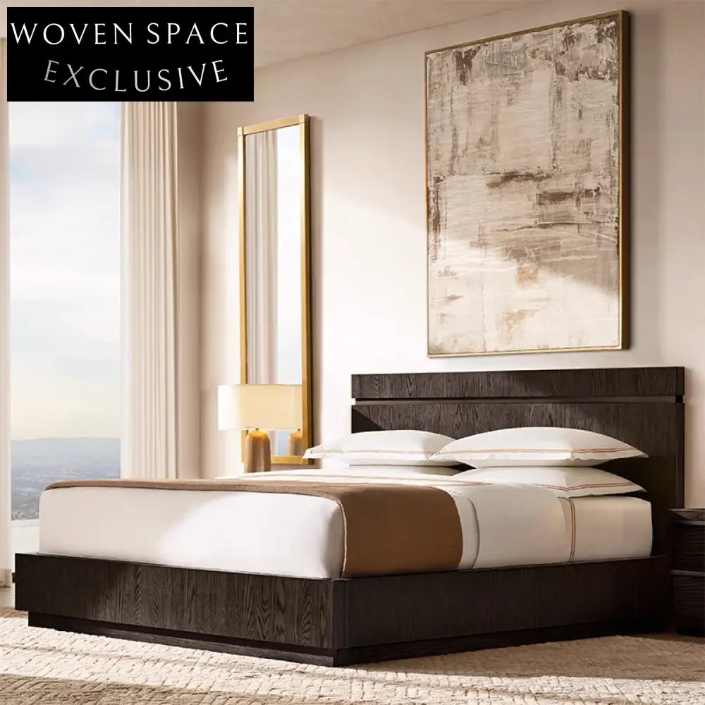 Modern Minimalist Oak Veneer Solid Wood Bed Frame with High Headboard