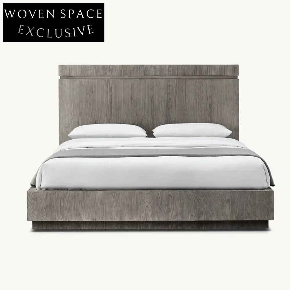 Modern Minimalist Oak Veneer Solid Wood Bed Frame with High Headboard