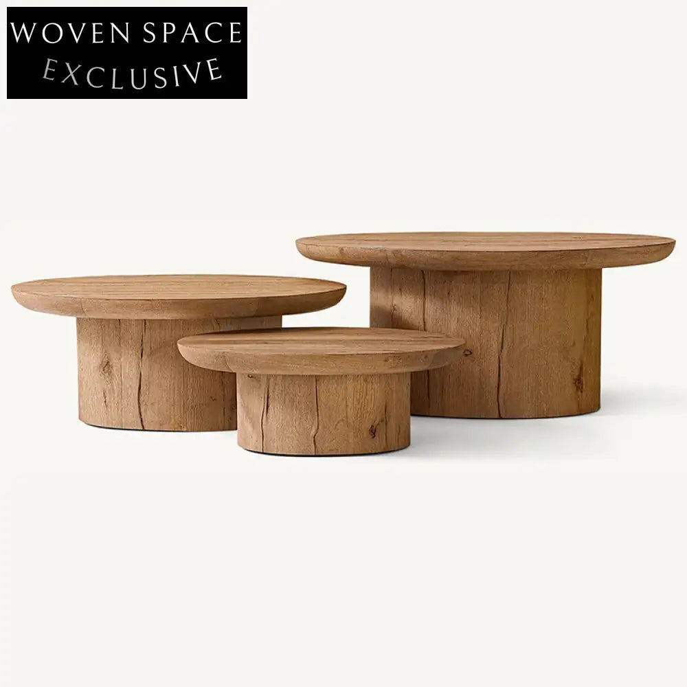 Modern Minimalist Oak Wood Coffee Table Set with Vintage Tea End Tables