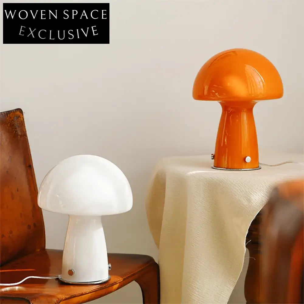 Modern Minimalist Orange Glass Mushroom Desk Lamp with Metal Base