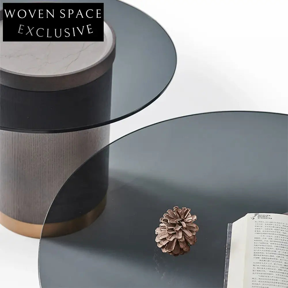 Modern Minimalist Round Tempered Glass Top Coffee Table with Solid Wood Legs