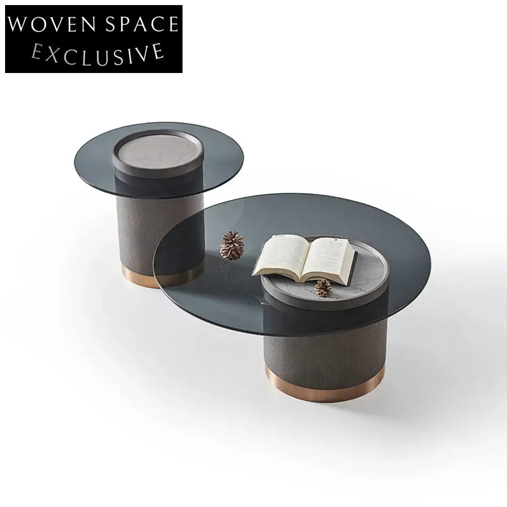 Modern Minimalist Round Tempered Glass Top Coffee Table with Solid Wood Legs