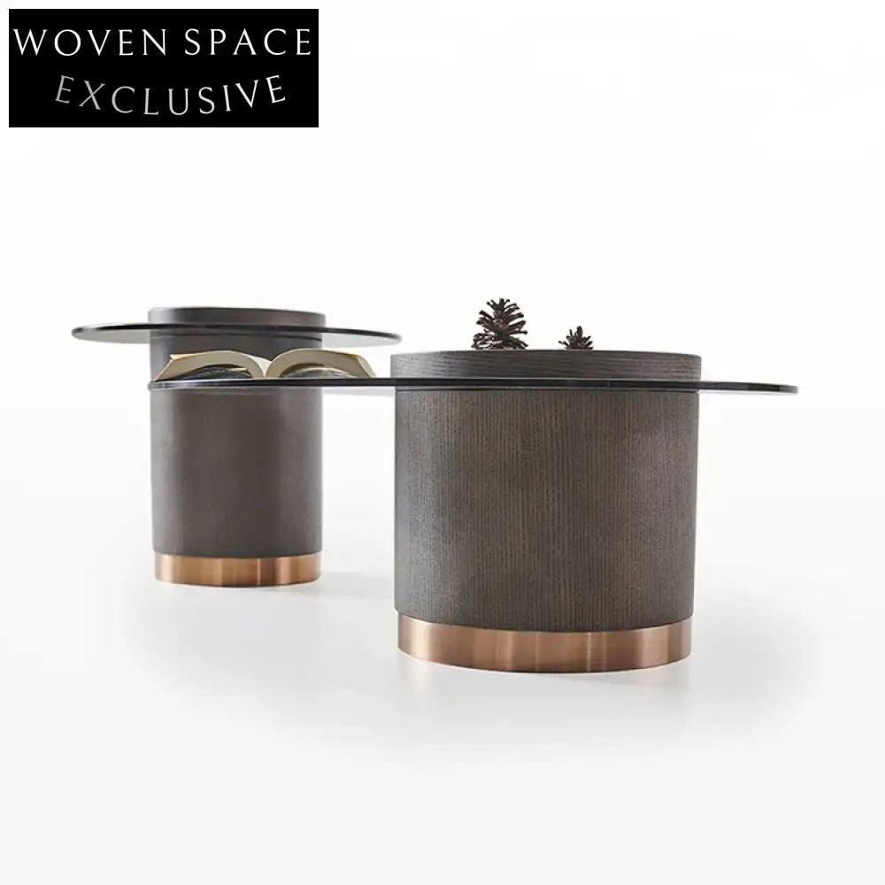 Modern Minimalist Round Tempered Glass Top Coffee Table with Solid Wood Legs