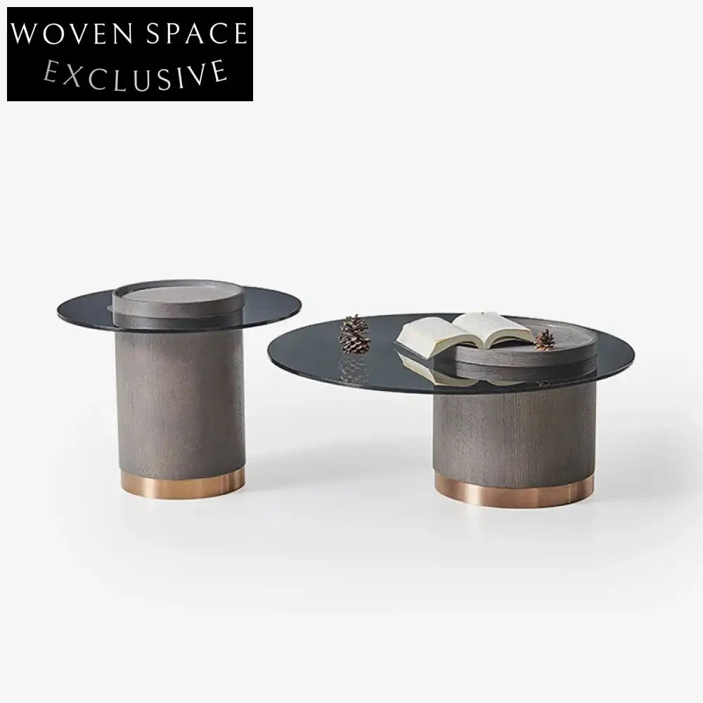 Modern Minimalist Round Tempered Glass Top Coffee Table with Solid Wood Legs