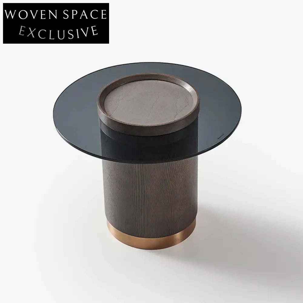 Modern Minimalist Round Tempered Glass Top Coffee Table with Solid Wood Legs