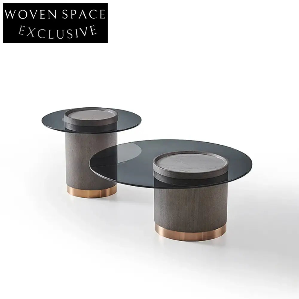 Modern Minimalist Round Tempered Glass Top Coffee Table with Solid Wood Legs