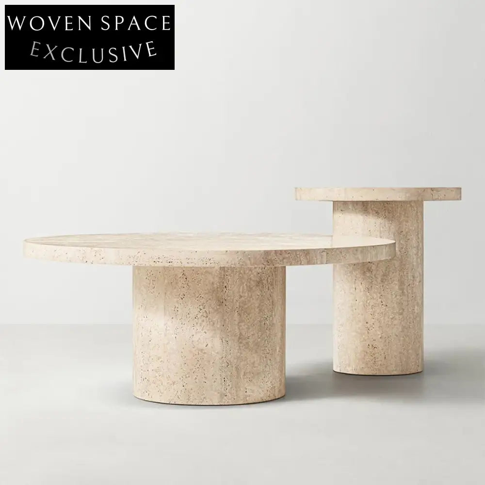 Modern Minimalist Round Travertine Coffee Tables Set for Living Room