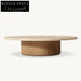 Modern Minimalist Round Travertine Stone Top Solid Wood Coffee Table
