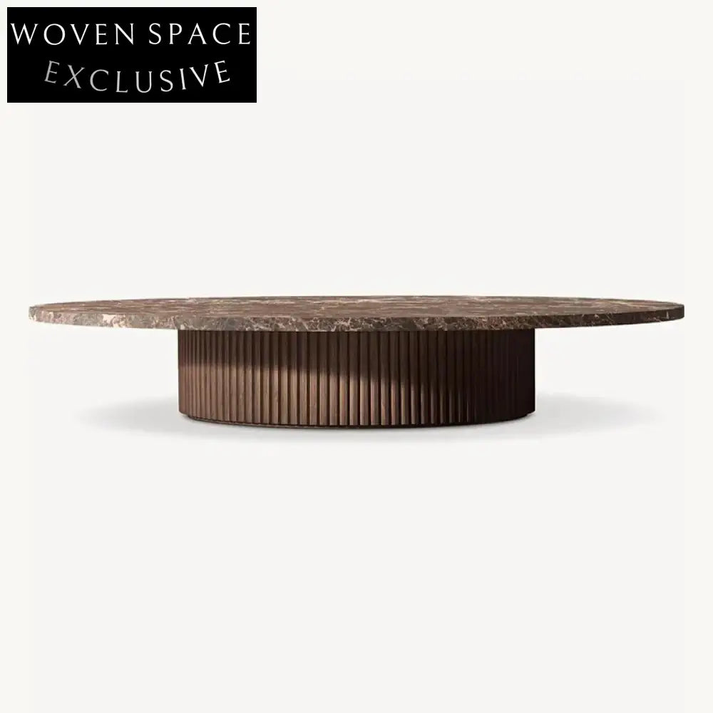 Modern Minimalist Round Travertine Stone Top Solid Wood Coffee Table