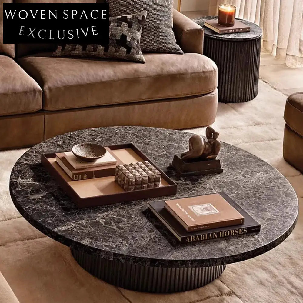 Modern Minimalist Round Travertine Stone Top Solid Wood Coffee Table