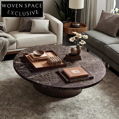 Modern Minimalist Round Travertine Stone Top Solid Wood Coffee Table