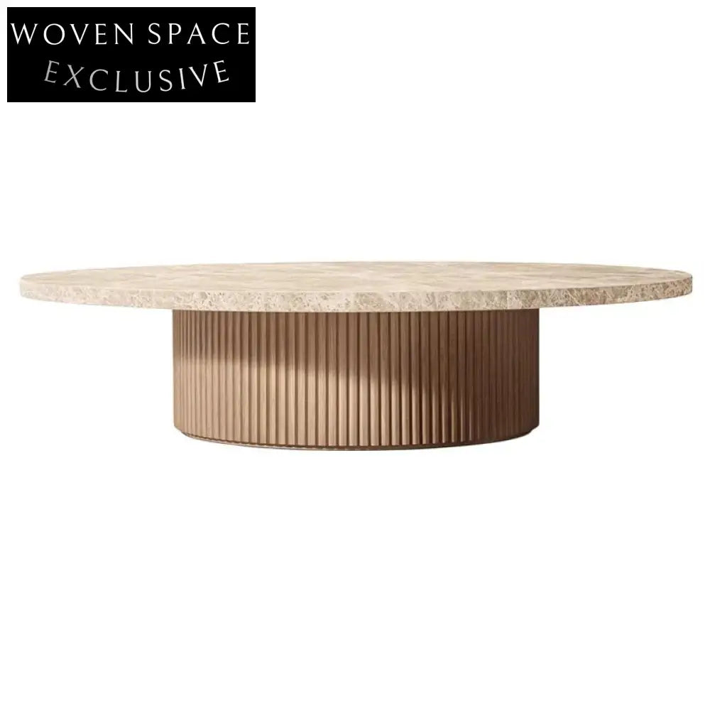 Modern Minimalist Round Travertine Stone Top Solid Wood Coffee Table