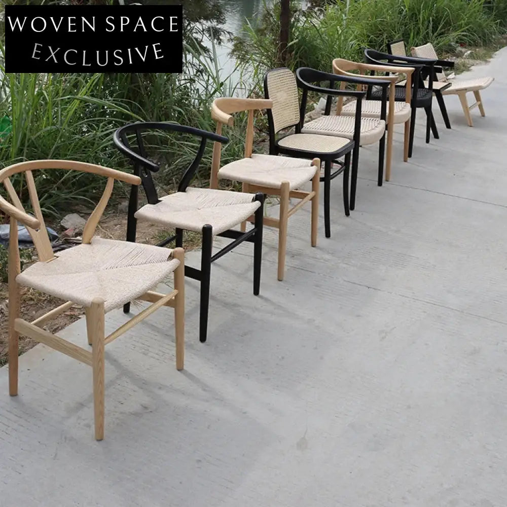 Modern Minimalist Solid Ash Wood Dining Arm Chair with Braided Rope Seat