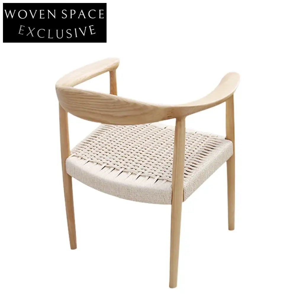 Modern Minimalist Solid Ash Wood Dining Arm Chair with Braided Rope Seat