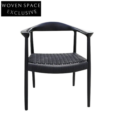 Modern Minimalist Solid Ash Wood Dining Arm Chair with Braided Rope Seat