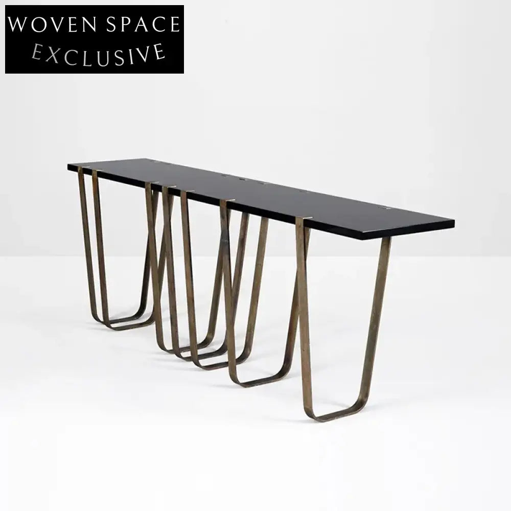 Modern Minimalist Solid Oak Gold Metal Console Table for Living Room