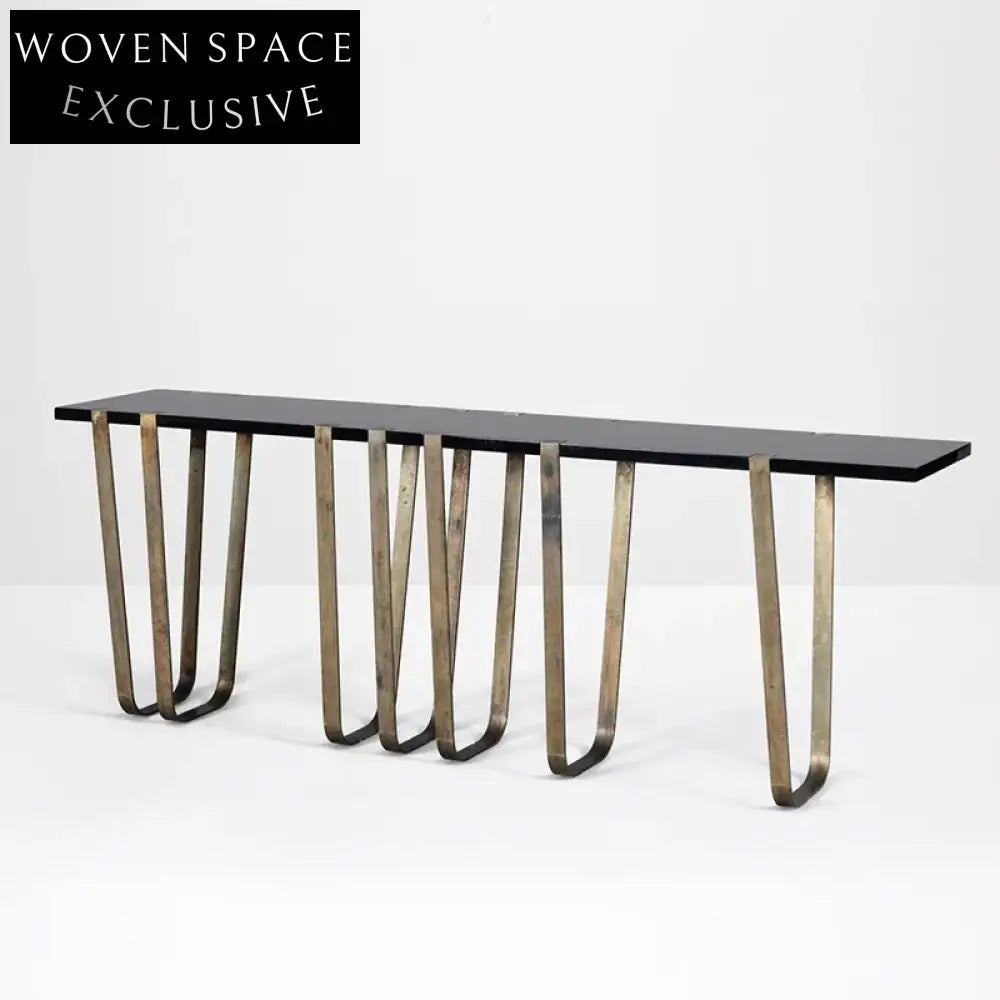 Modern Minimalist Solid Oak Gold Metal Console Table for Living Room