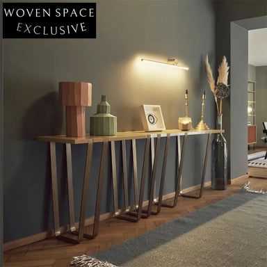 Modern Minimalist Solid Oak Gold Metal Console Table for Living Room