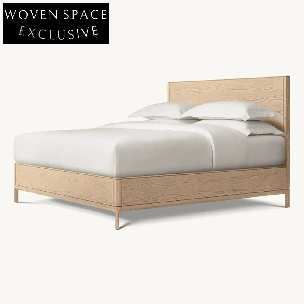 Modern Minimalist Solid Oak King Bed Frame with Upholstered High Headboard