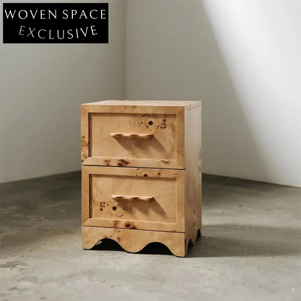 Modern Minimalist Solid Wood Burl Veneer Nightstand Bedside Table with 2 Drawers