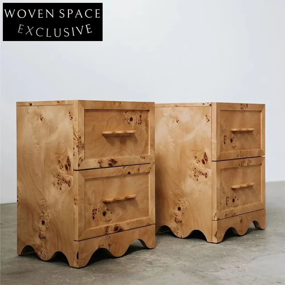 Modern Minimalist Solid Wood Burl Veneer Nightstand Bedside Table with 2 Drawers