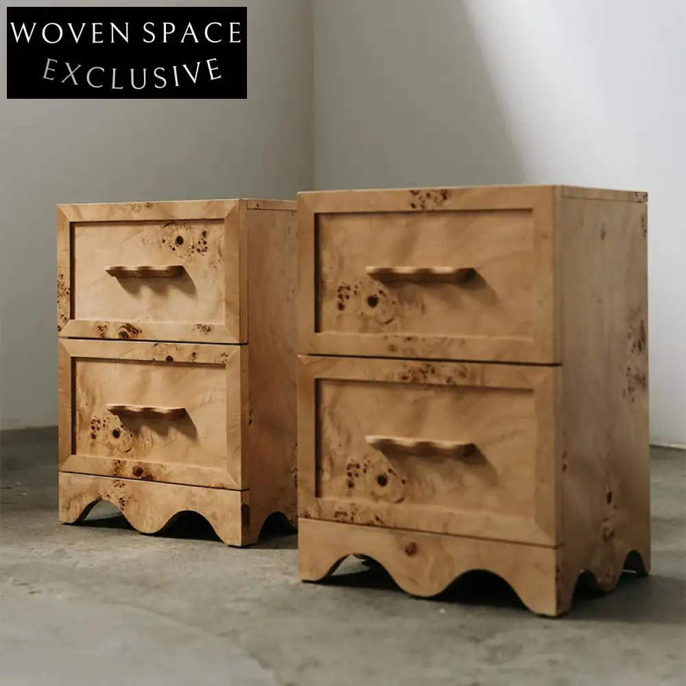 Modern Minimalist Solid Wood Burl Veneer Nightstand Bedside Table with 2 Drawers