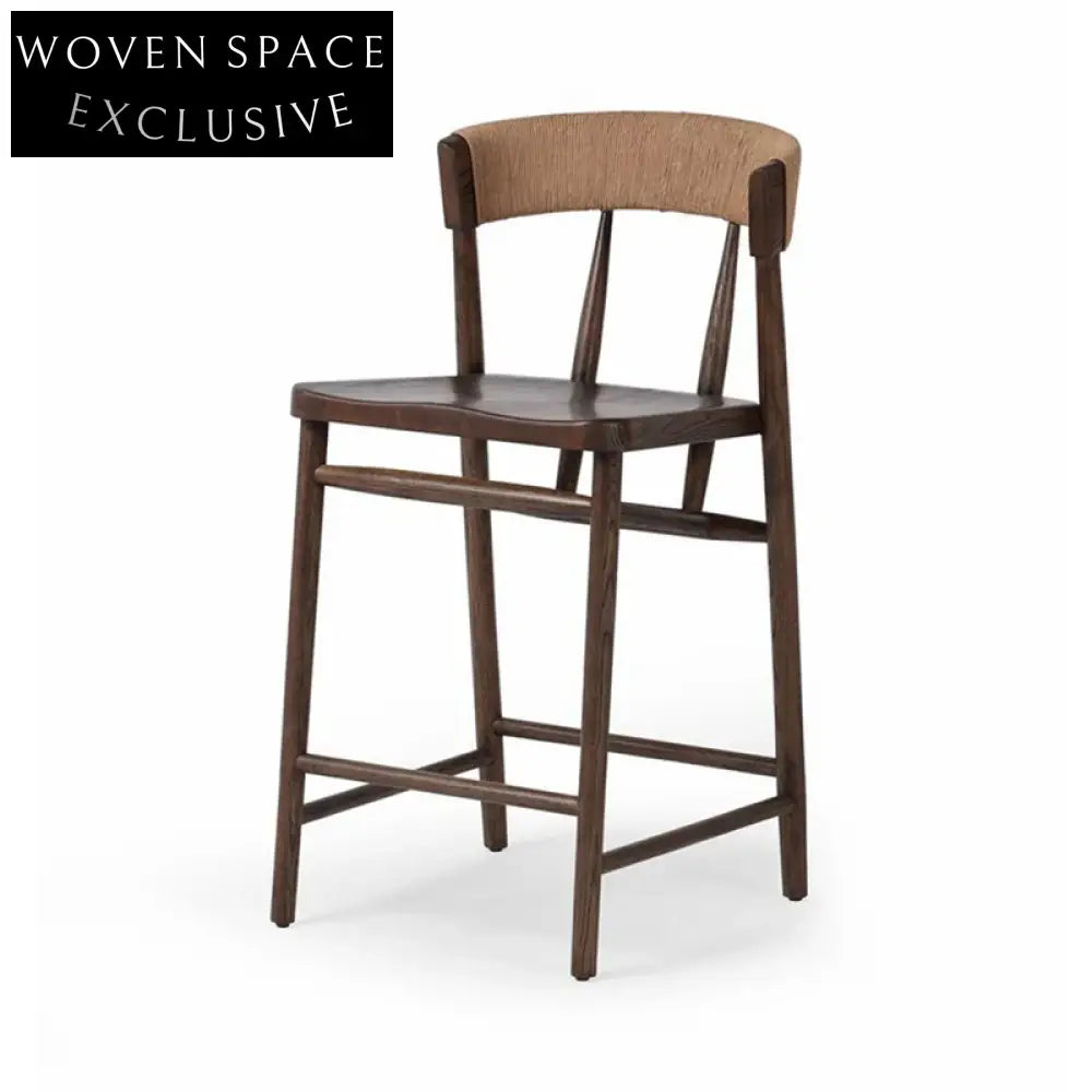 Modern Minimalist Solid Wood Woven Rope Backrest High Kitchen Bar Chair