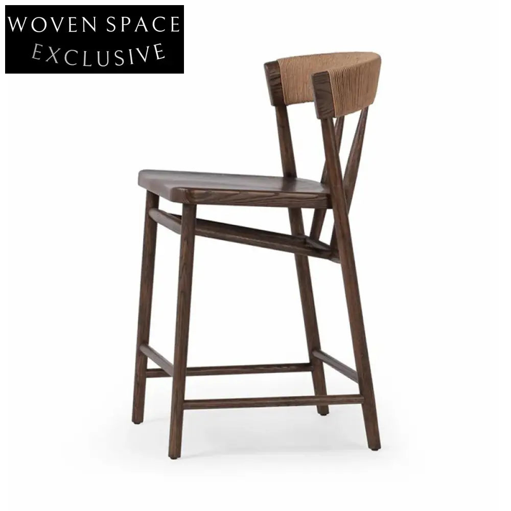 Modern Minimalist Solid Wood Woven Rope Backrest High Kitchen Bar Chair