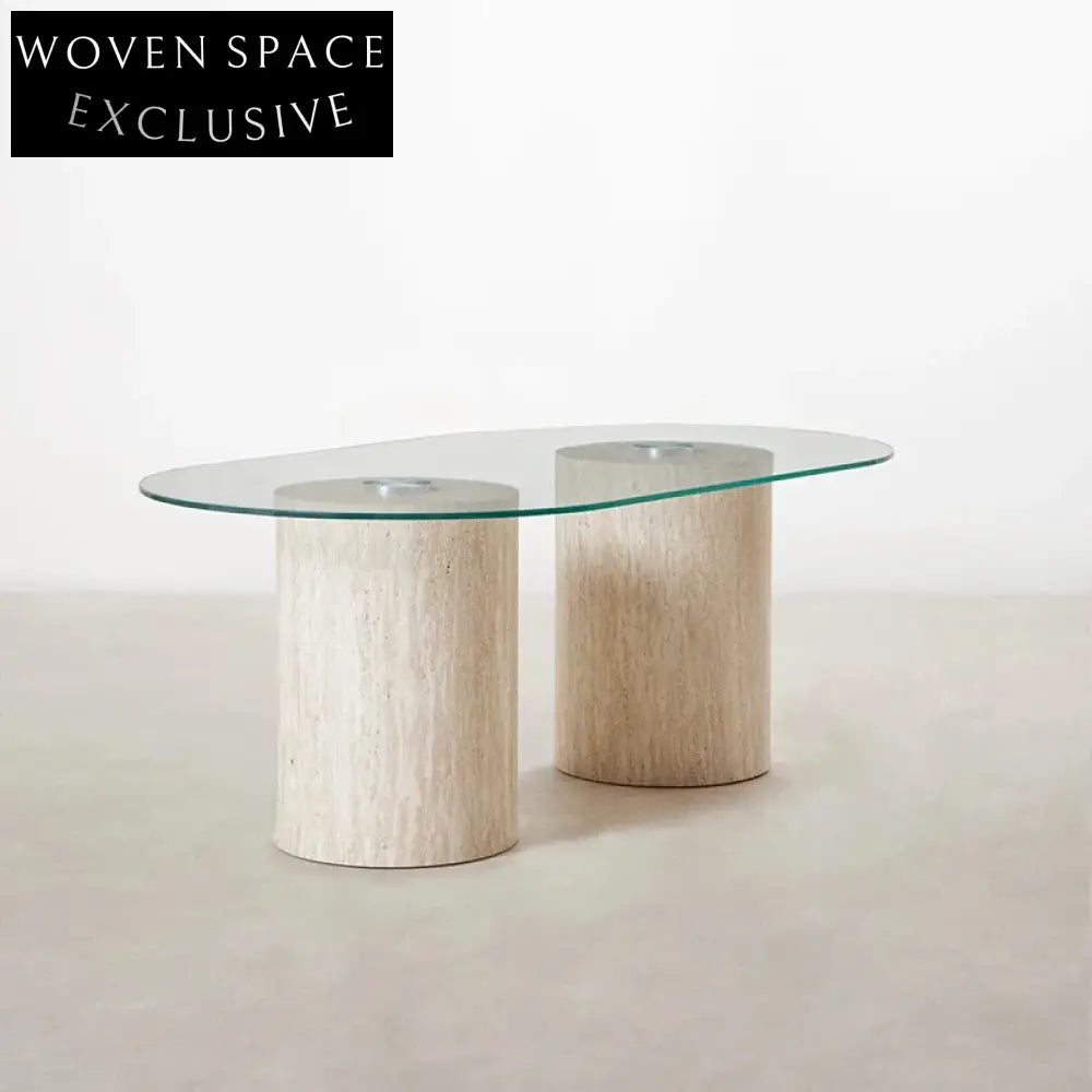 Modern Minimalist Tempered Glass Top Travertine Stone Marble Living Room Coffee Table
