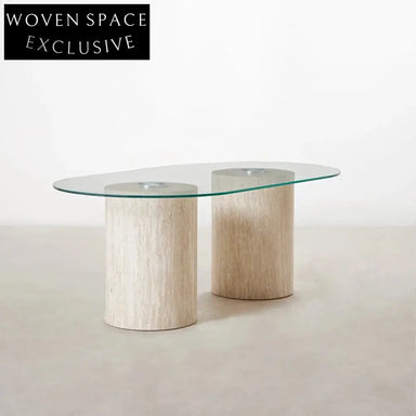 Modern Minimalist Tempered Glass Top Travertine Stone Marble Living Room Coffee Table