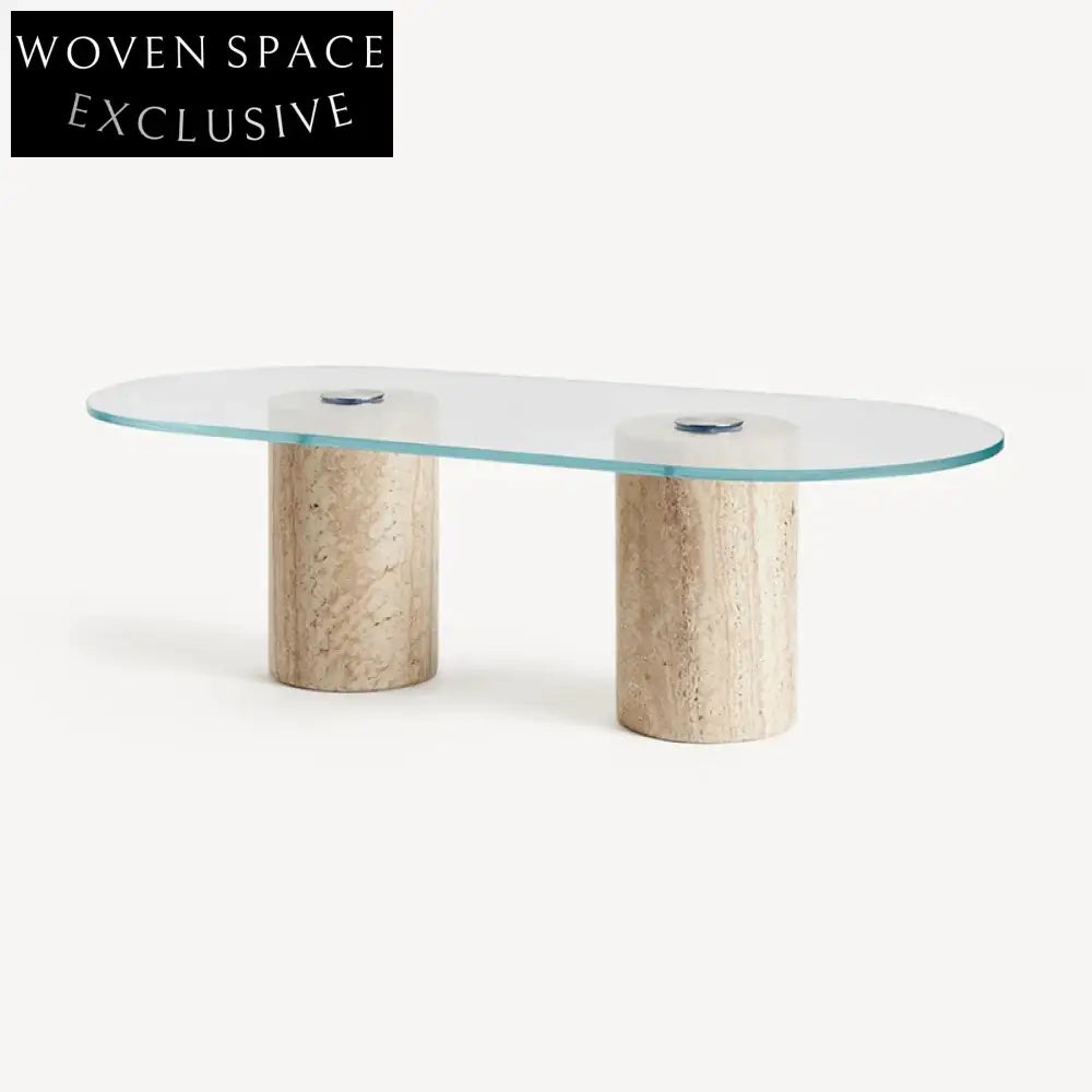 Modern Minimalist Tempered Glass Top Travertine Stone Marble Living Room Coffee Table