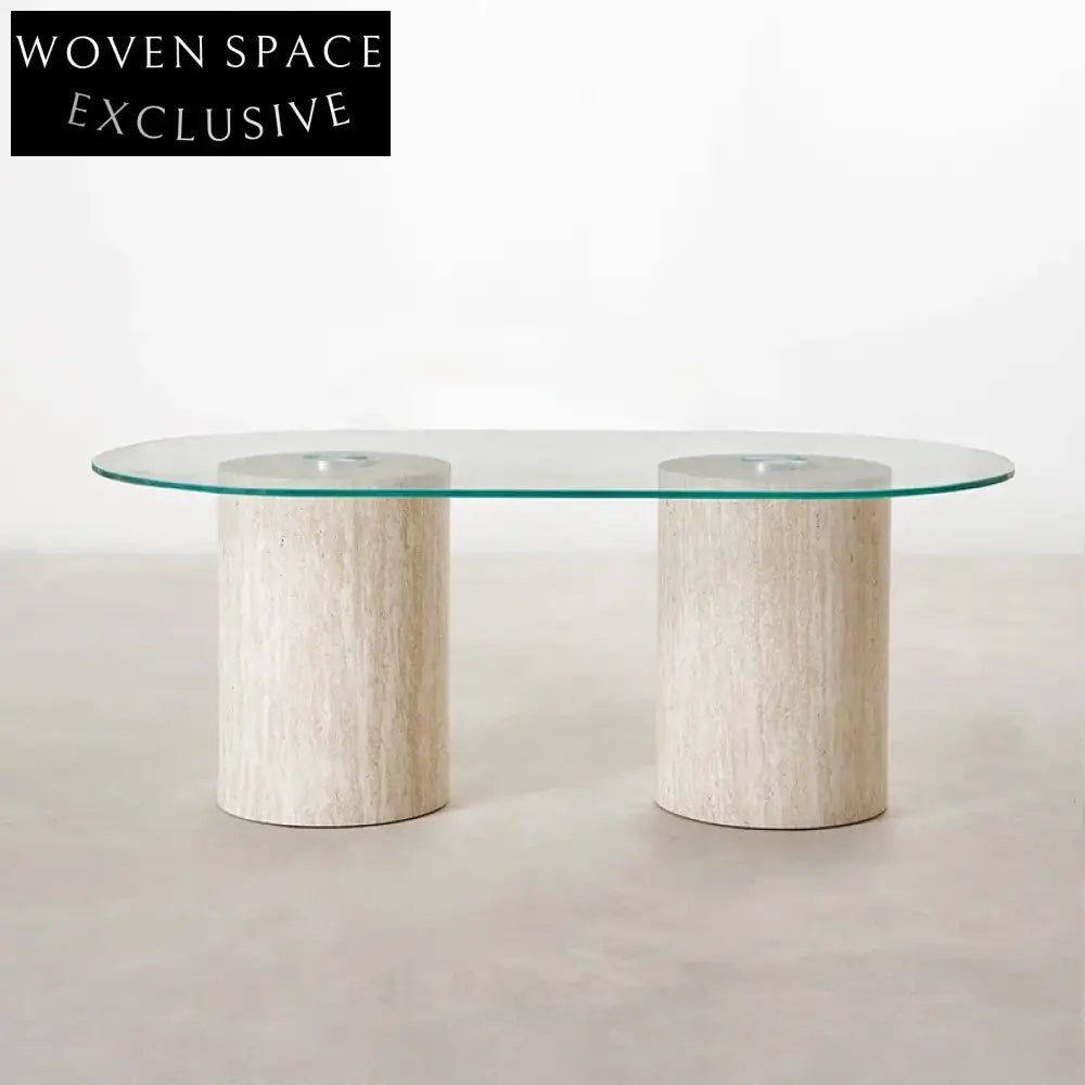 Modern Minimalist Tempered Glass Top Travertine Stone Marble Living Room Coffee Table