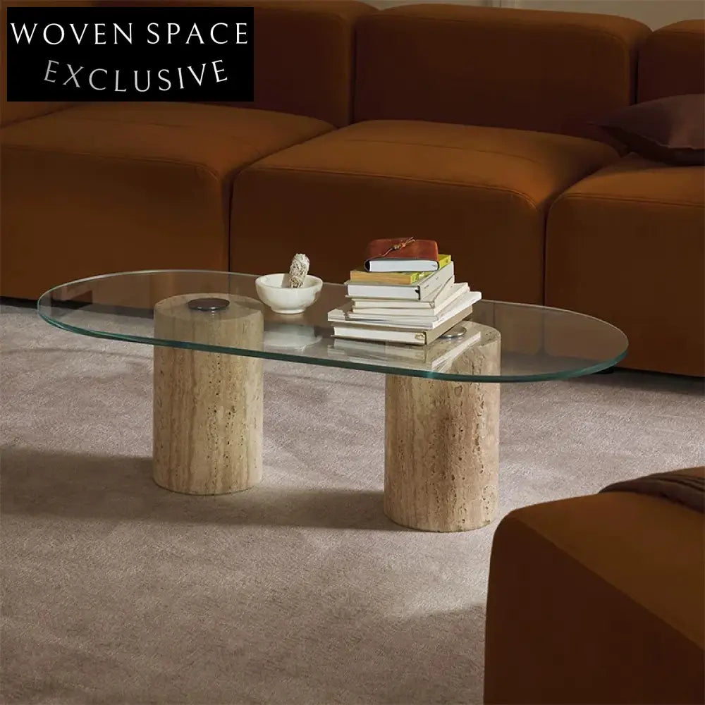 Modern Minimalist Tempered Glass Top Travertine Stone Marble Living Room Coffee Table