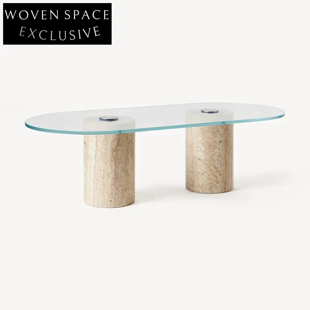 Modern Minimalist Tempered Glass Top Travertine Stone Marble Living Room Coffee Table