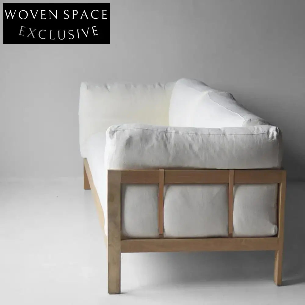 Modern Minimalist White Linen Three-Seater Sofa with Solid Wood Frame