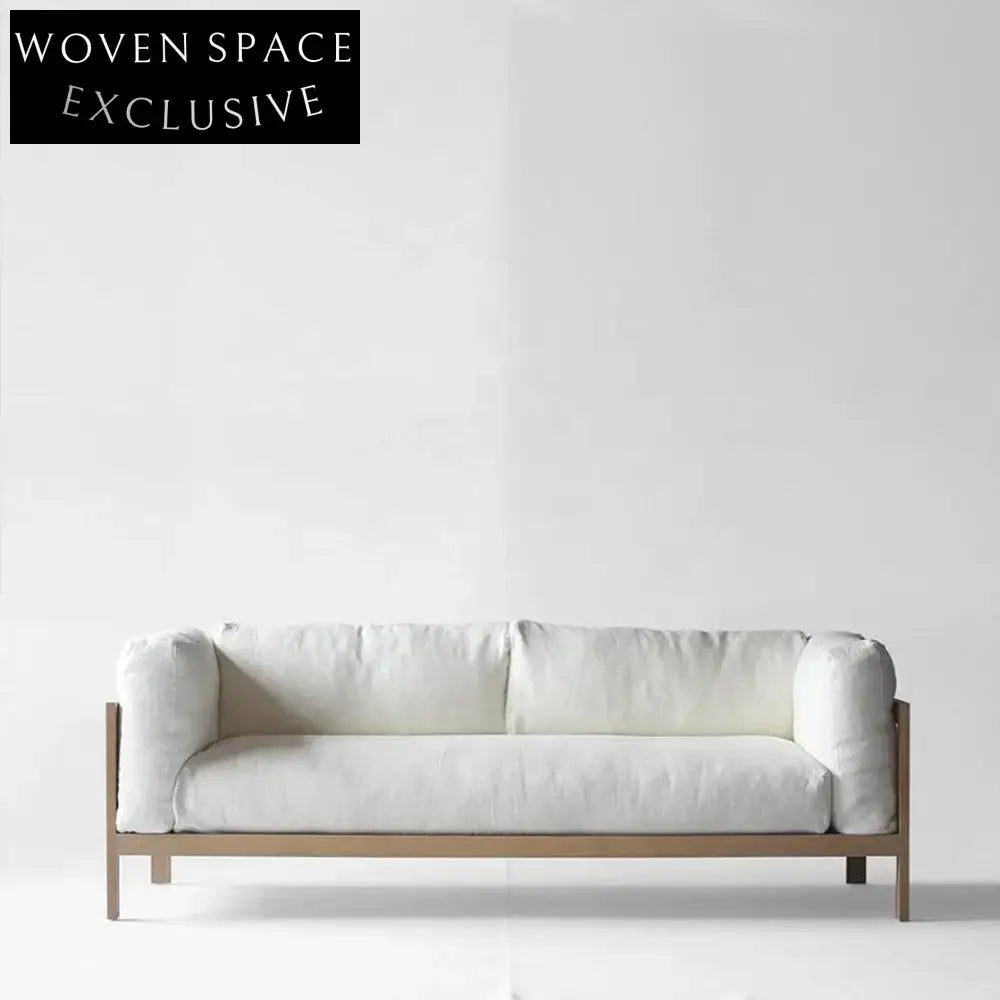 Modern Minimalist White Linen Three-Seater Sofa with Solid Wood Frame