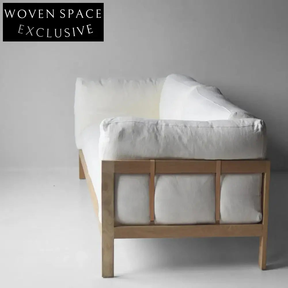 Modern Minimalist White Linen Three-Seater Sofa with Solid Wood Frame