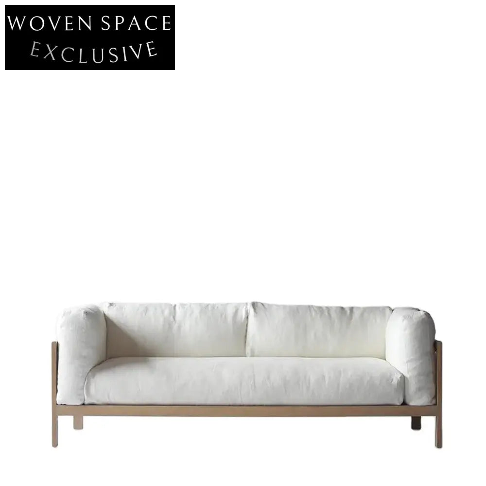 Modern Minimalist White Linen Three-Seater Sofa with Solid Wood Frame