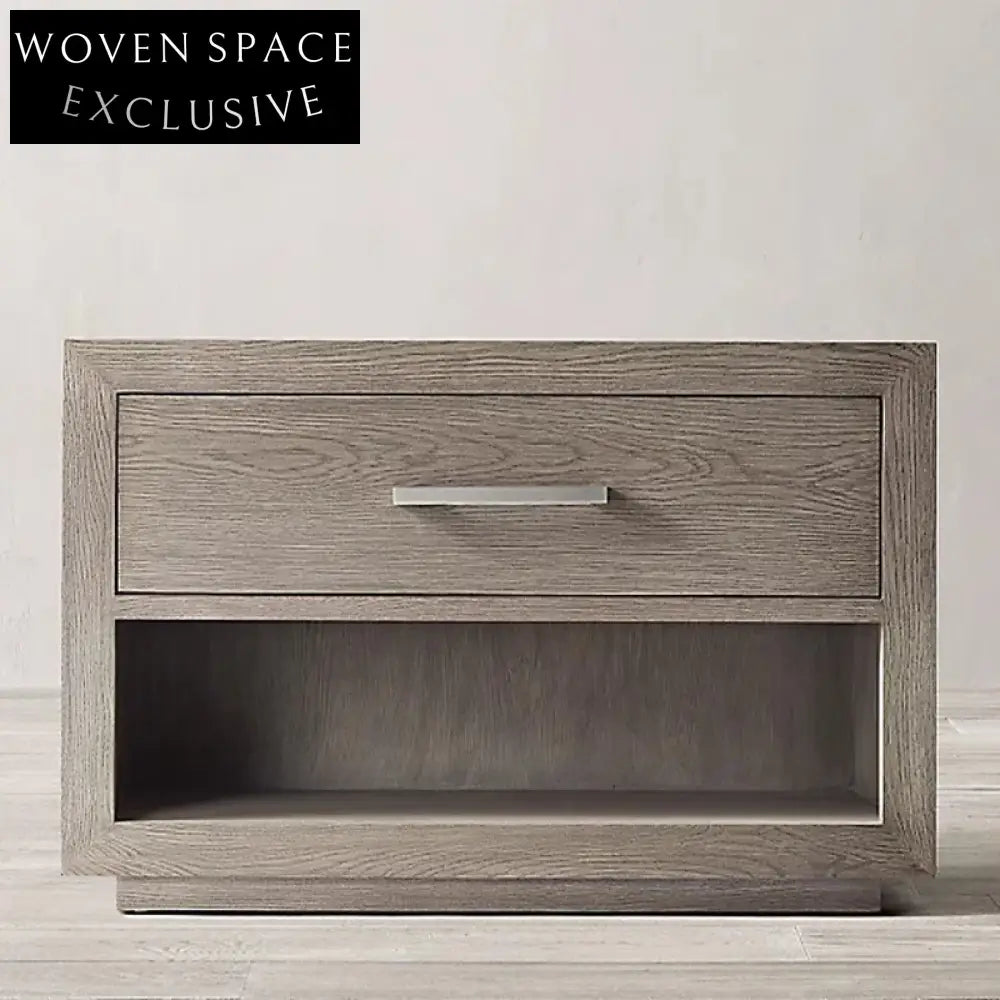 Modern Minimalist Wooden Nightstand with Drawers, Square Oak Veneer Bedside Table